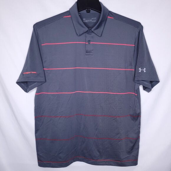 Under Armour Polo Shirt Mens Large Striped Gray HeatGear Loose UPF 4 Way Stretch - Picture 1 of 11